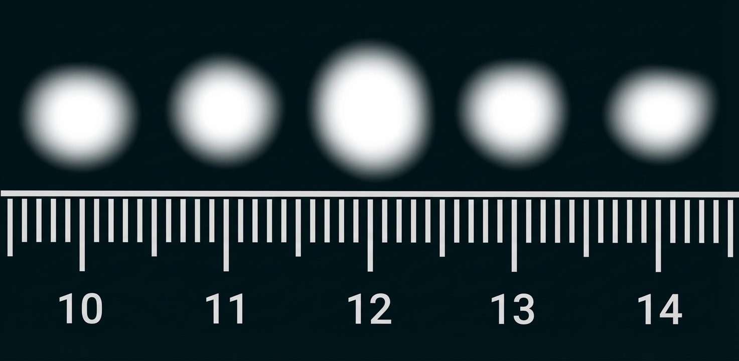 Fünf unscharfe schwarze Punkte unterschiedlicher Größe über einem Lineal mit Zentimeter-Skala (10–14 cm)